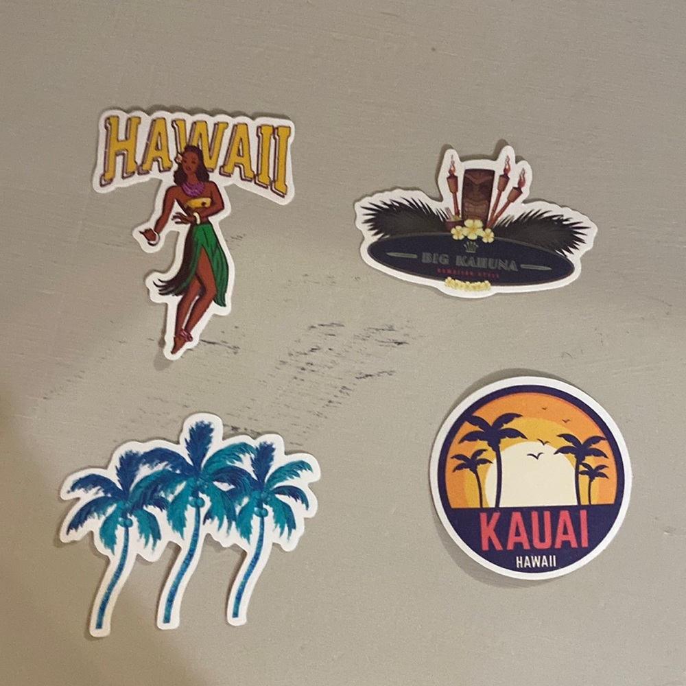 Vinyl stickers.  Set of 4.  💧 waterproof.  Hawaii theme.  Cute. New.  🌺🏄‍♂️🌊
